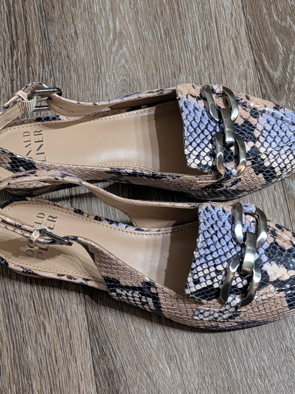 Donald J. Pliner Beige Snake-Print Slingback Loafers with Silver Chain